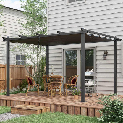 Patio with pergola, outdoor furniture, and plants in a residential setting