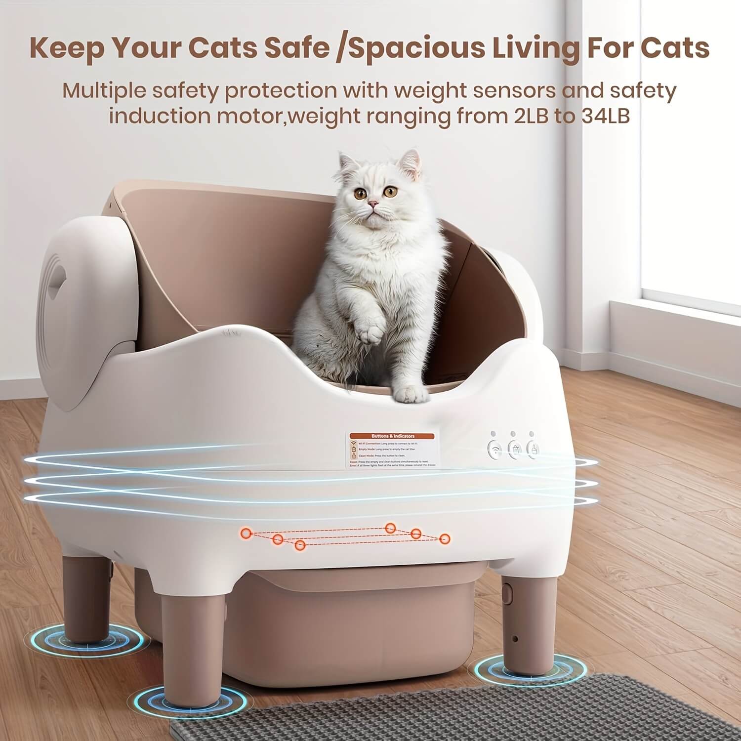 Cat using a self cleaning litter box for multiple cats​ with safety features and weight sensors.