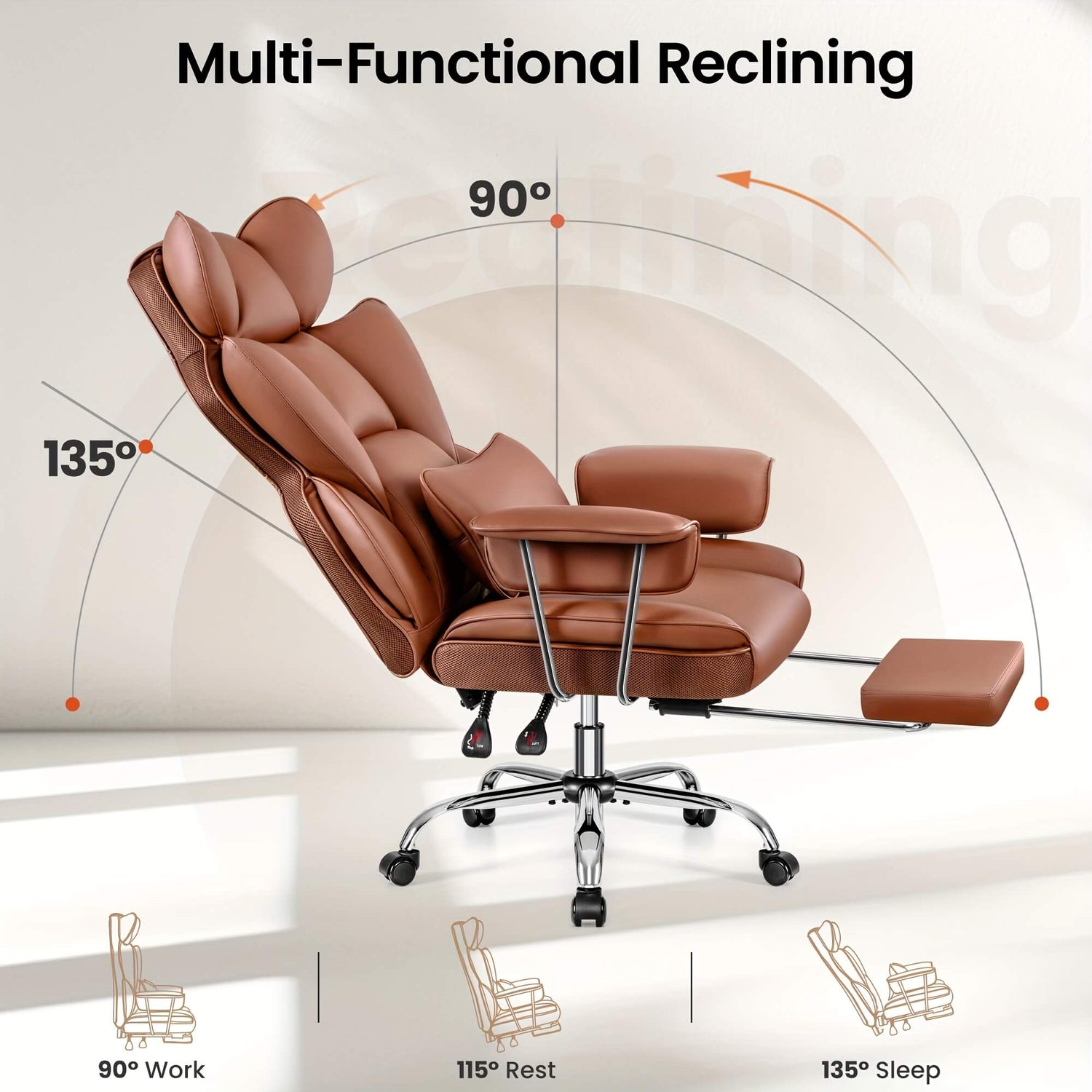 Brown recliner chair with adjustable angles on a white background