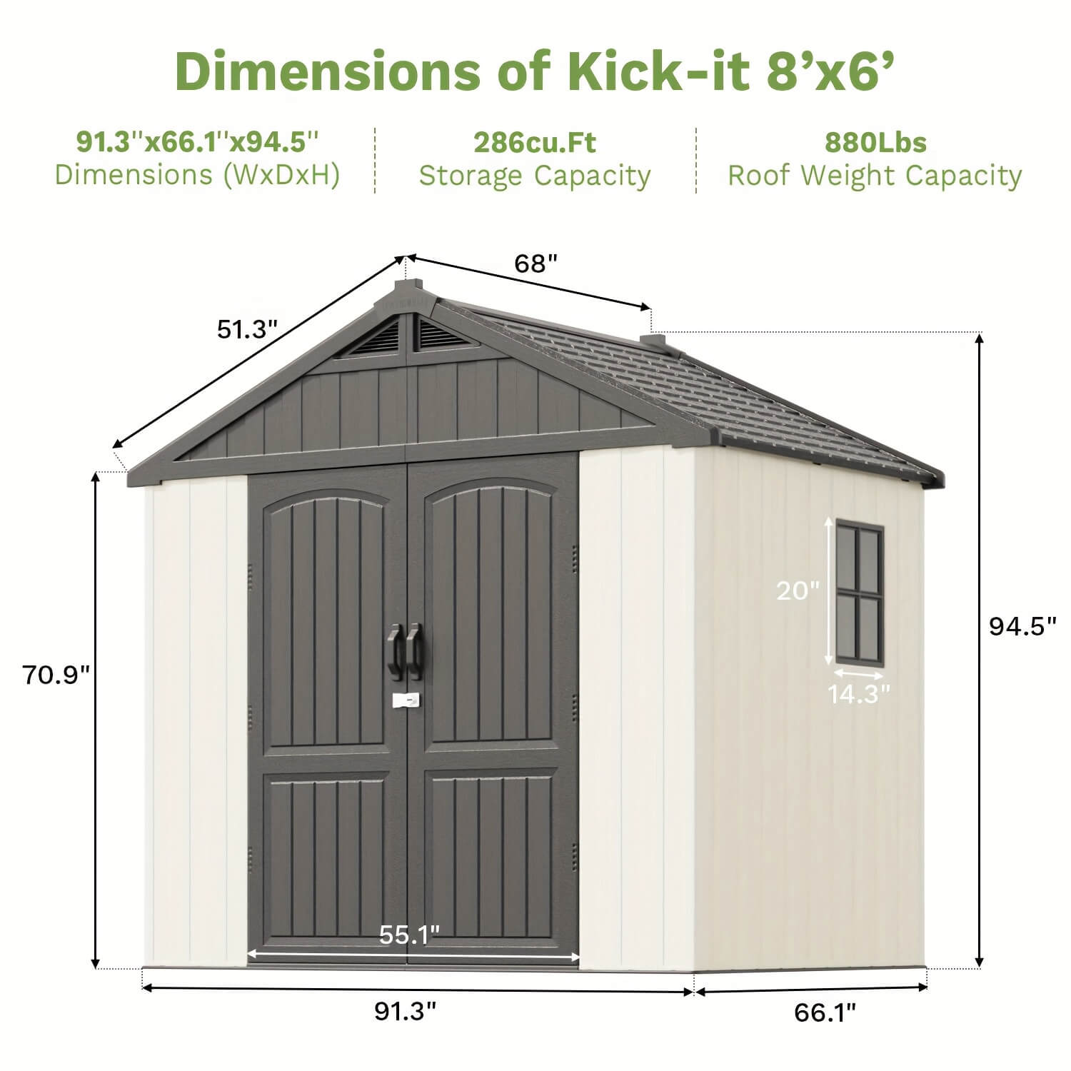 Dimensions of a resin outdoor storage shed labeled 'Kick-it 8'x6'' with measurements and capacity details.