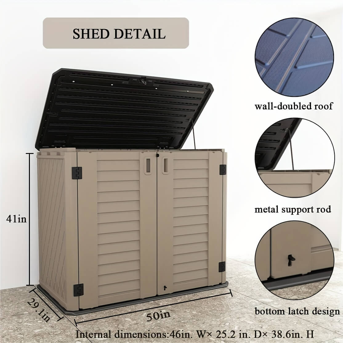 Resin outdoor storage shed with features highlighted and dimensions displayed