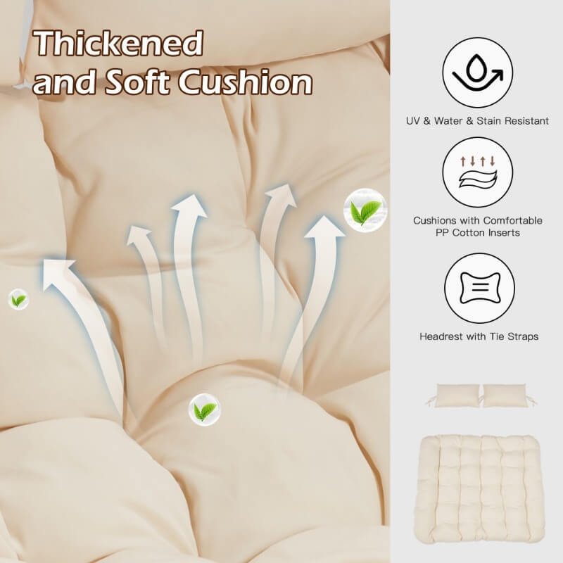 Beige cushion for the egg swing chair with stand​ with text and icons indicating features like UV & water resistance, comfort, and additional accessories.