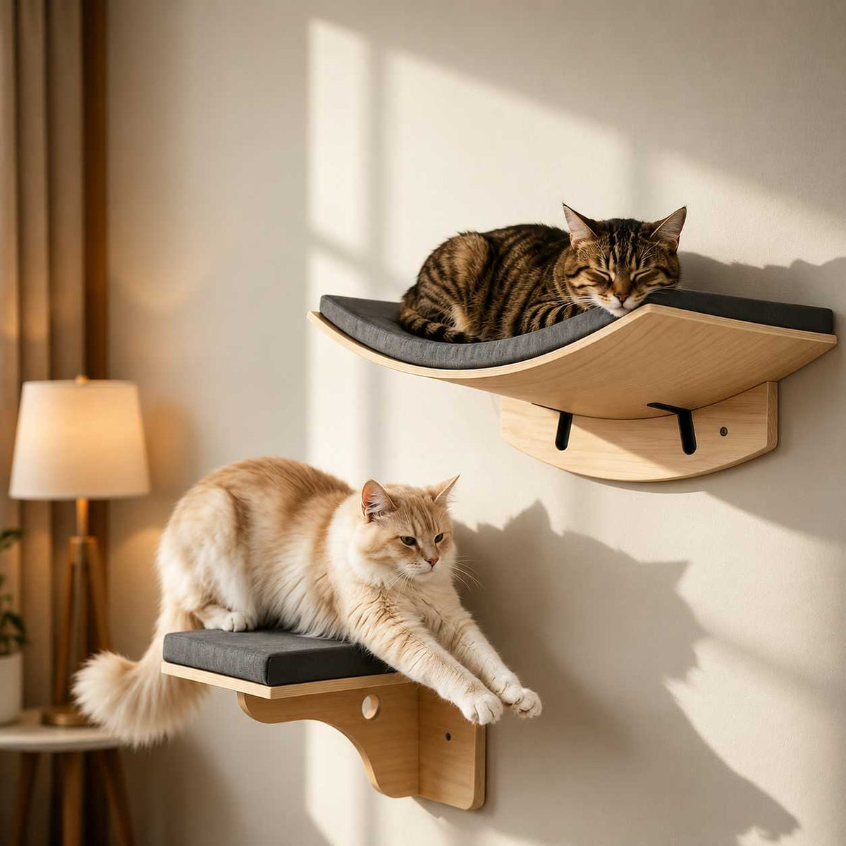 Two cats resting on wall-mounted wooden cat shelves with dark gray cushions in a softly lit room. One cat is curled up on the upper shelf, and the other is stretched out on the lower shelf.
