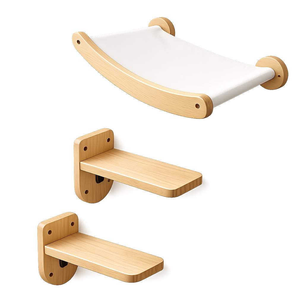 Three wall-mounted pet shelves in a set, featuring light natural wood brackets with a white fabric sling on the top shelf and solid wood platforms on the lower two shelves, shown against a plain white background.