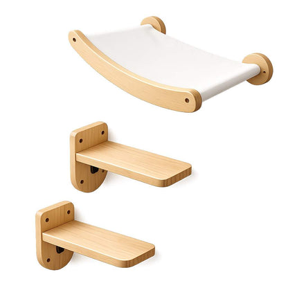 Three wall-mounted pet shelves in a set, featuring light natural wood brackets with a white fabric sling on the top shelf and solid wood platforms on the lower two shelves, shown against a plain white background.