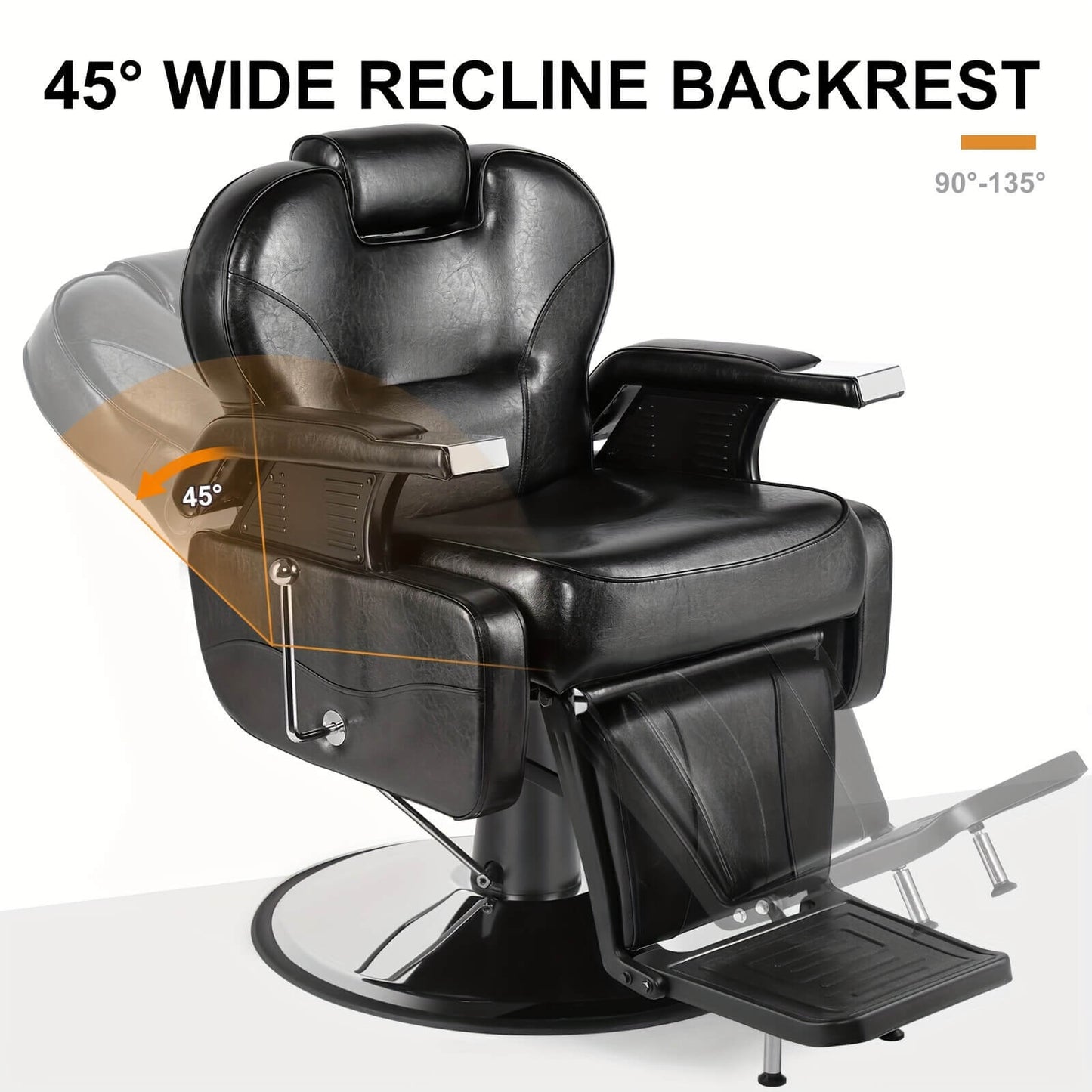 Black professional barber chair with recline backrest feature on a white background