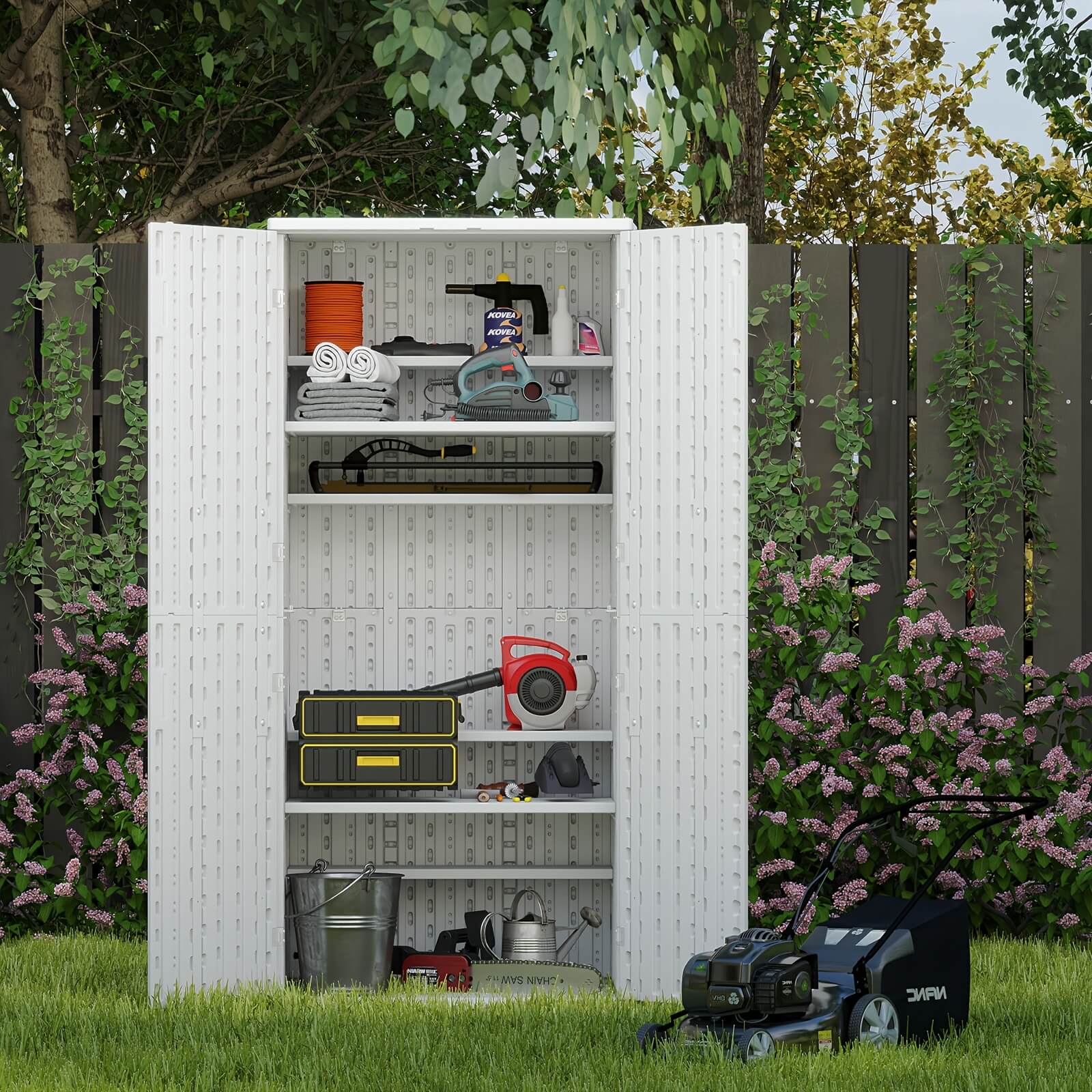 White Resin outdoor storage shed with tools and equipment outdoors