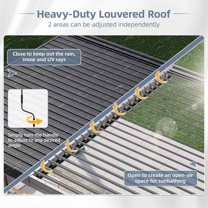 Heavy-duty louvered roof with adjustable angles for rain, snow, UV protection and open-air sunbathing.
