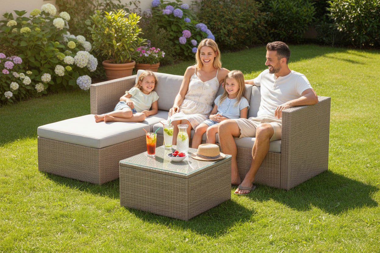 Outdoor furniture set with a sectional sofa and ottoman on a white background