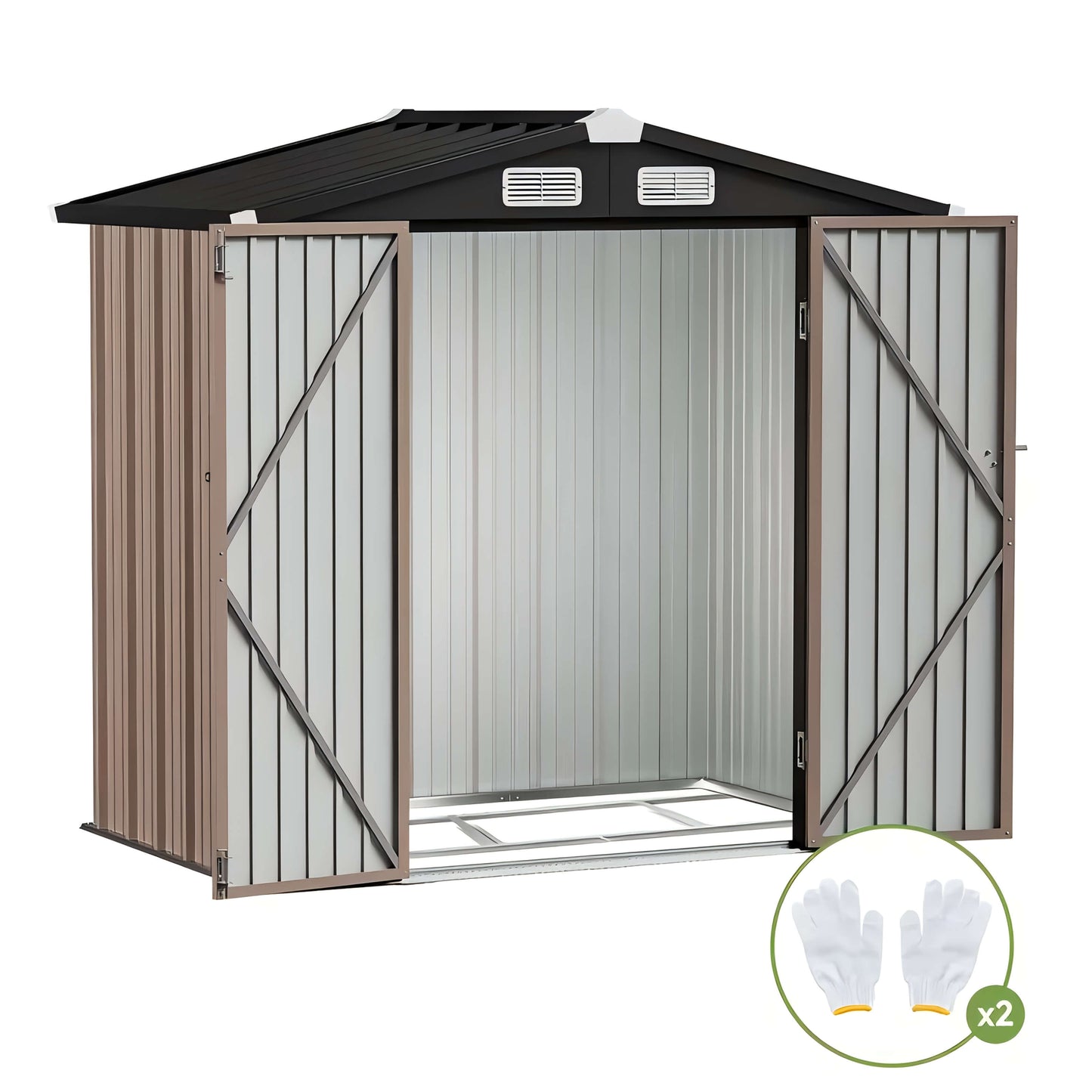 Metal storage shed with open door on a white background, including gloves icon.
