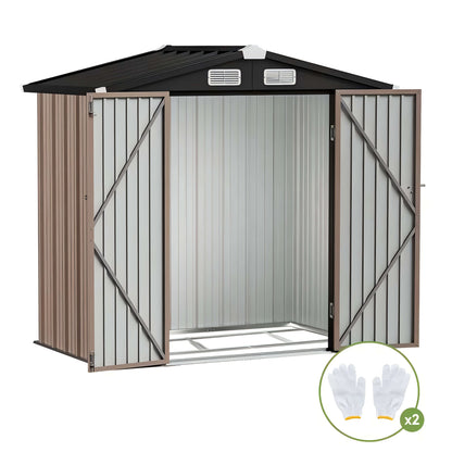 Metal storage shed with open door on a white background, including gloves icon.