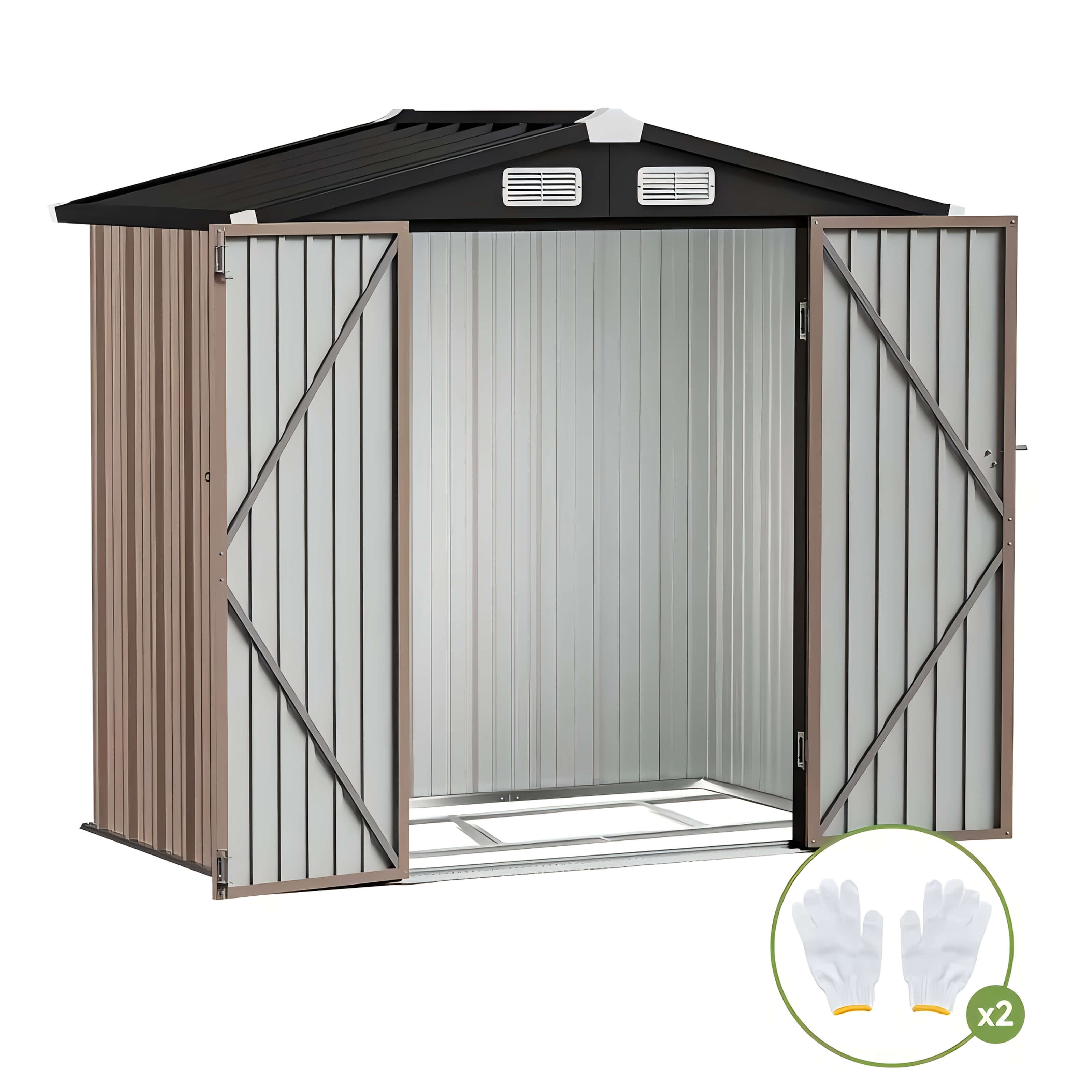 Metal storage shed with open door on a white background, including gloves icon.