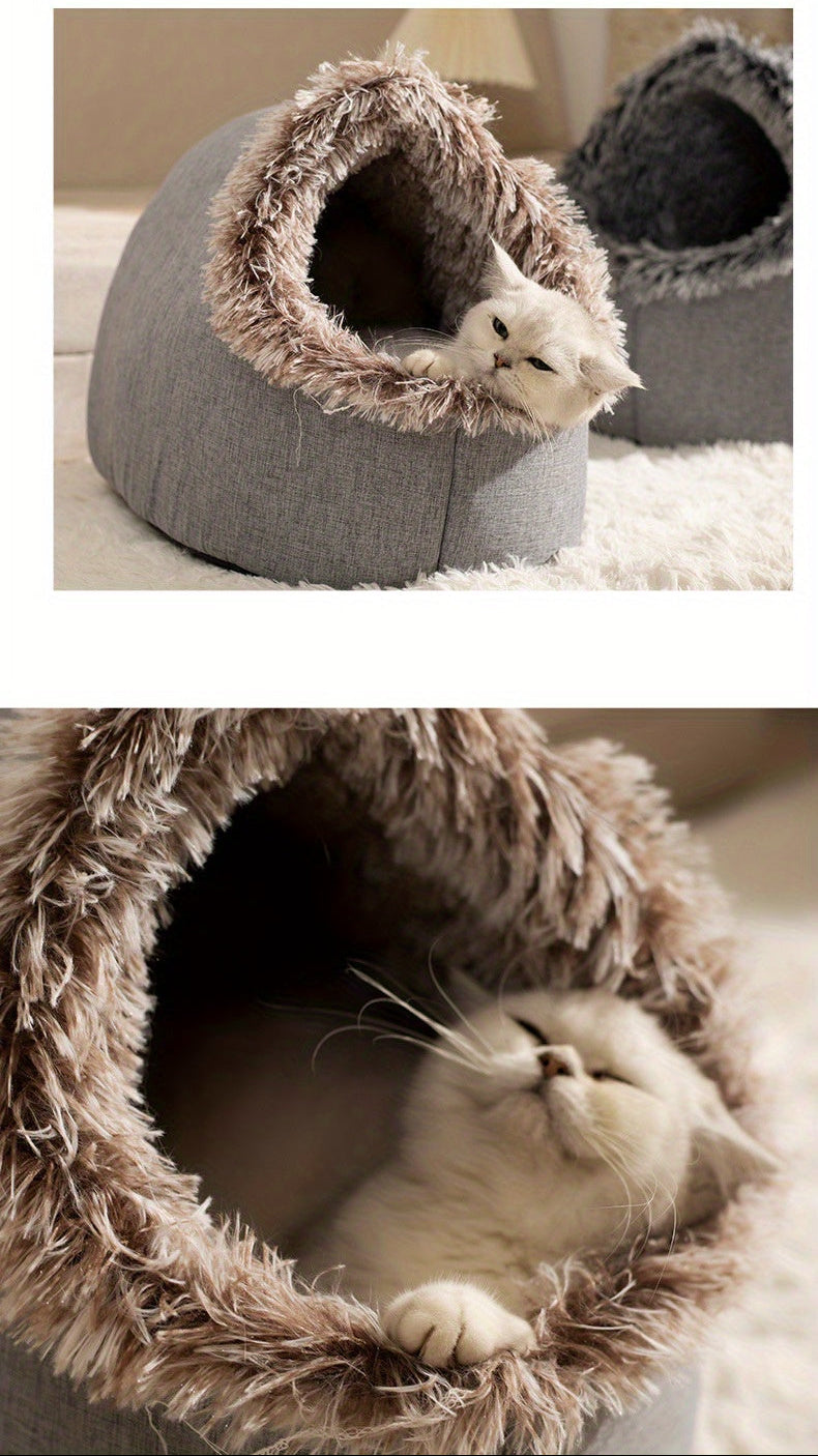 Two gray pet beds with fluffy texture, one with a white cat inside.