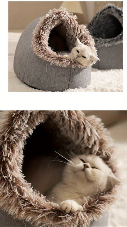 Two gray pet beds with fluffy texture, one with a white cat inside.
