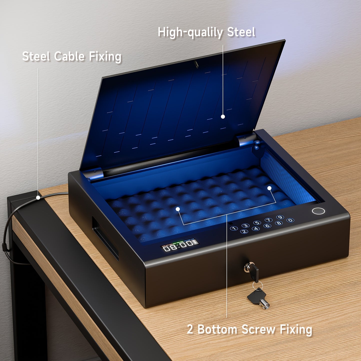 Hand gun safe with blue interior on a wooden surface, featuring text labels on quality and features.