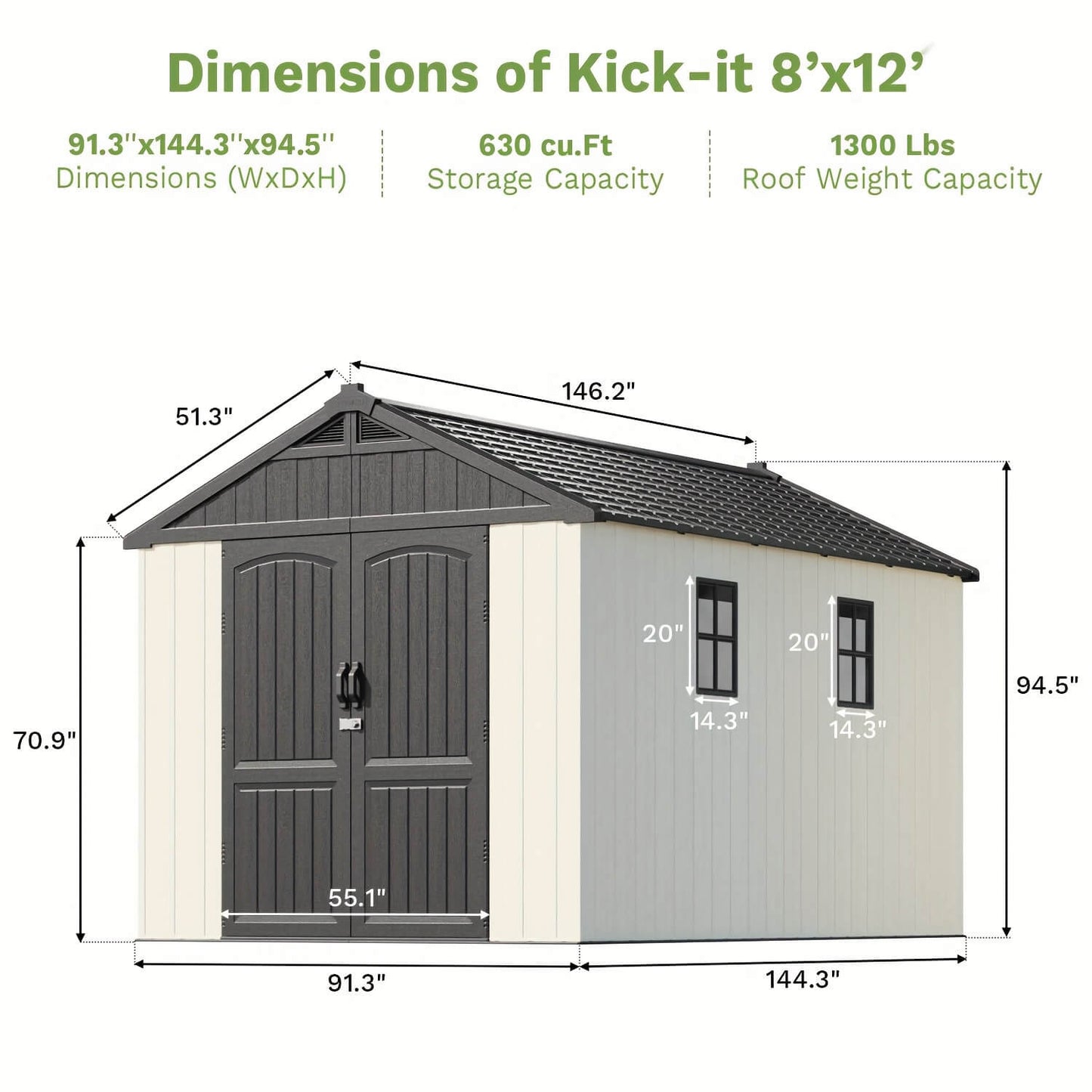 Dimensions of a resin outdoor storage shed labeled 'Kick-it 8'x12'' with measurements and capacity details.