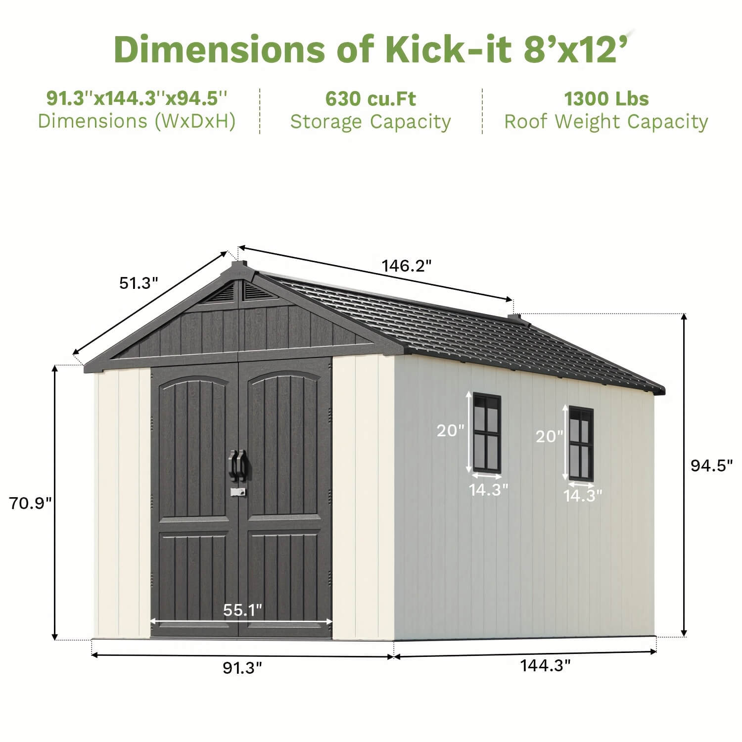 Dimensions of a resin outdoor storage shed labeled 'Kick-it 8'x12'' with measurements and capacity details.