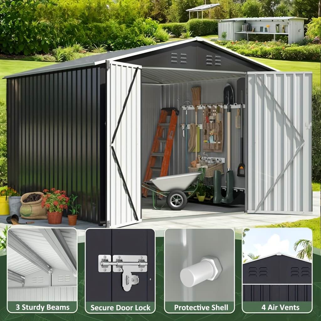 Metal storage shed with tools and garden items, surrounded by greenery.