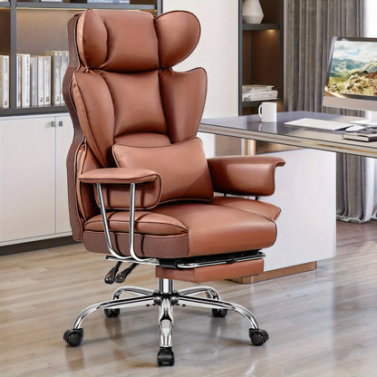 Brown executive office chair in a modern office setting with a desk and computer monitor.