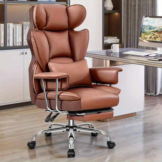 Brown executive office chair in a modern office setting with a desk and computer monitor.