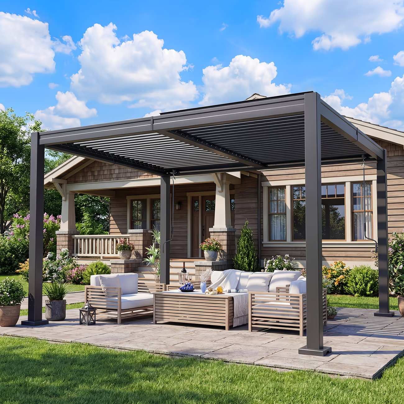 Patio with pergola, outdoor furniture, and plants on a sunny day.