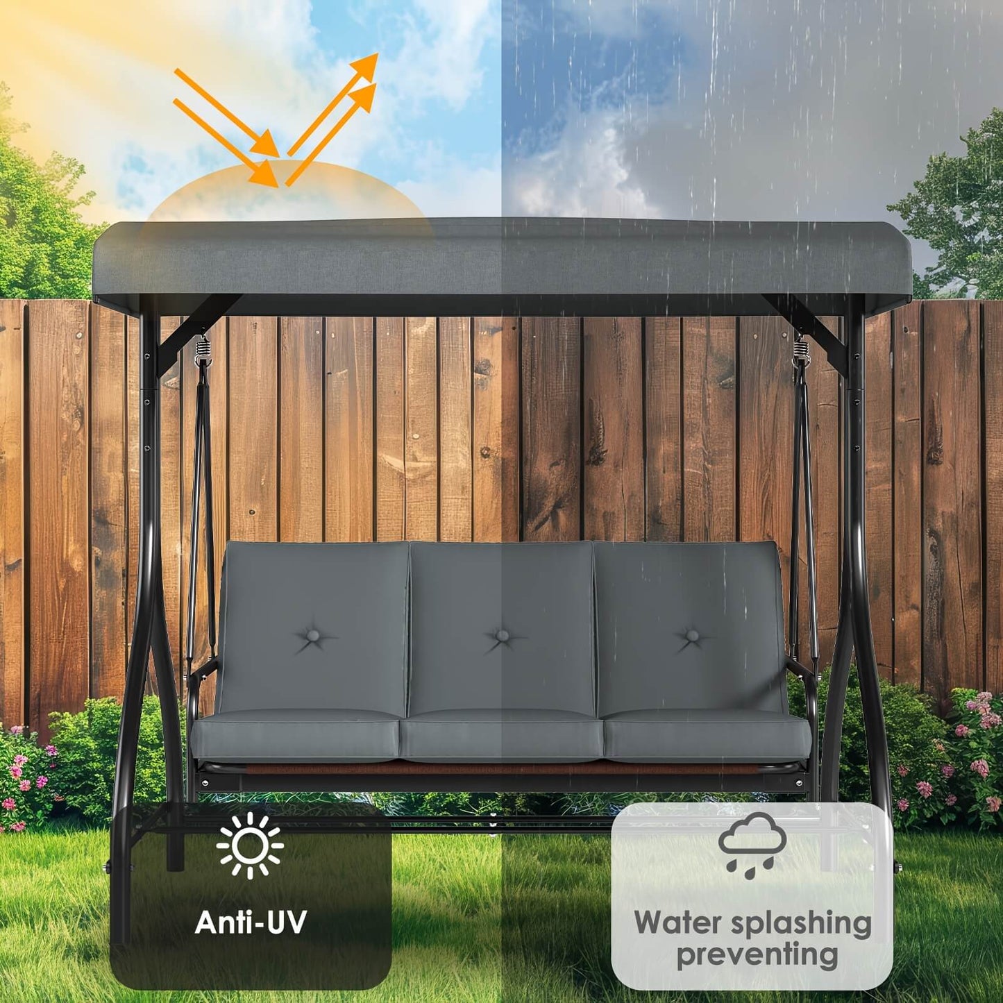 Three-seater outdoor swing with canopy in a garden setting, featuring anti-UV and water splashing preventing features.