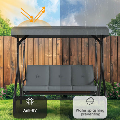 Three-seater outdoor swing with canopy in a garden setting, featuring anti-UV and water splashing preventing features.