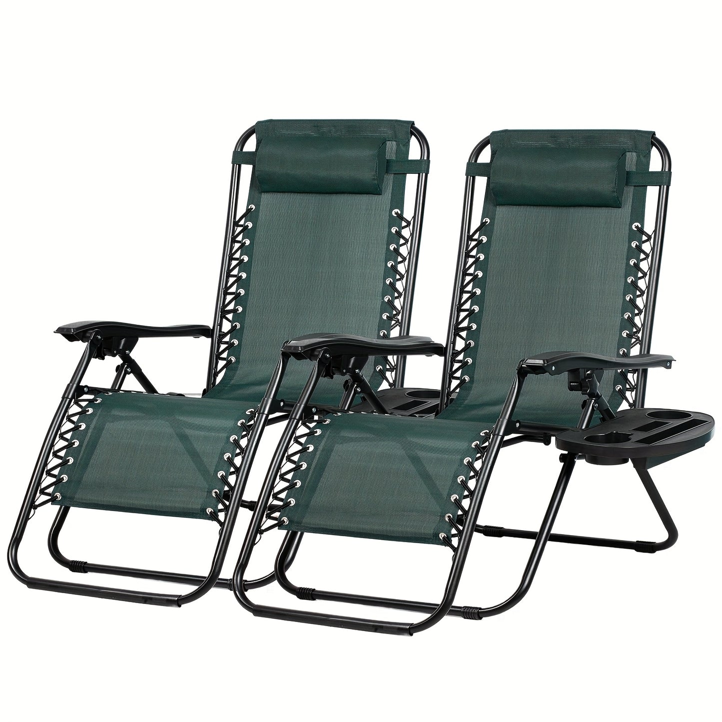 Two green zero-gravity chairs with cup holders on a white background