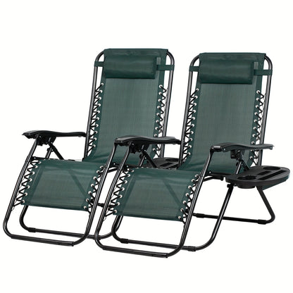 Two green zero-gravity chairs with cup holders on a white background