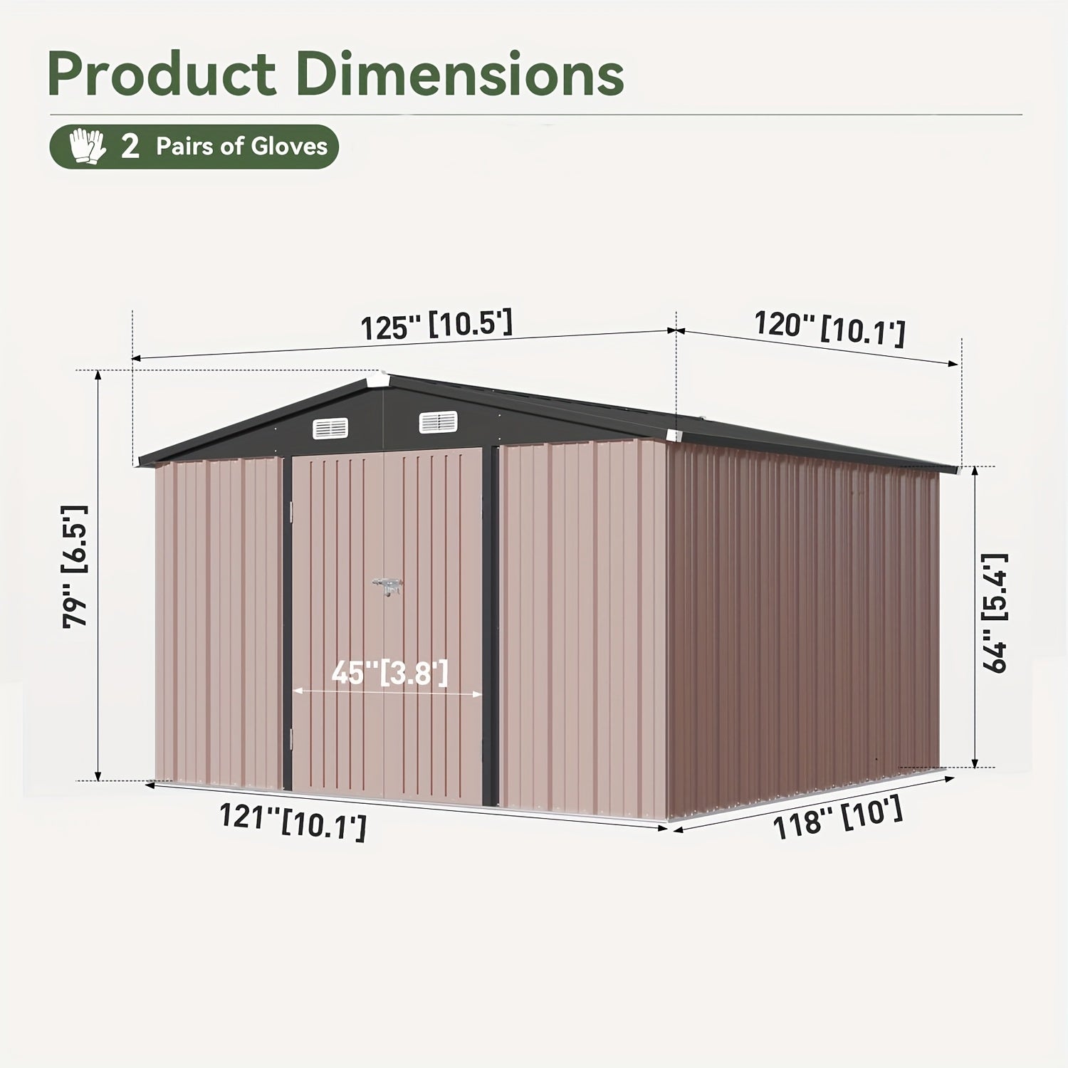 Dimensions of a storage shed with labeled measurements on a white background