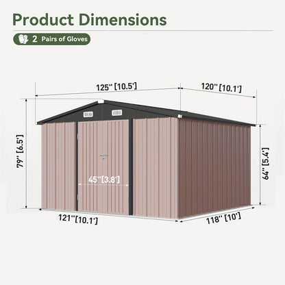 Dimensions of a storage shed with labeled measurements on a white background