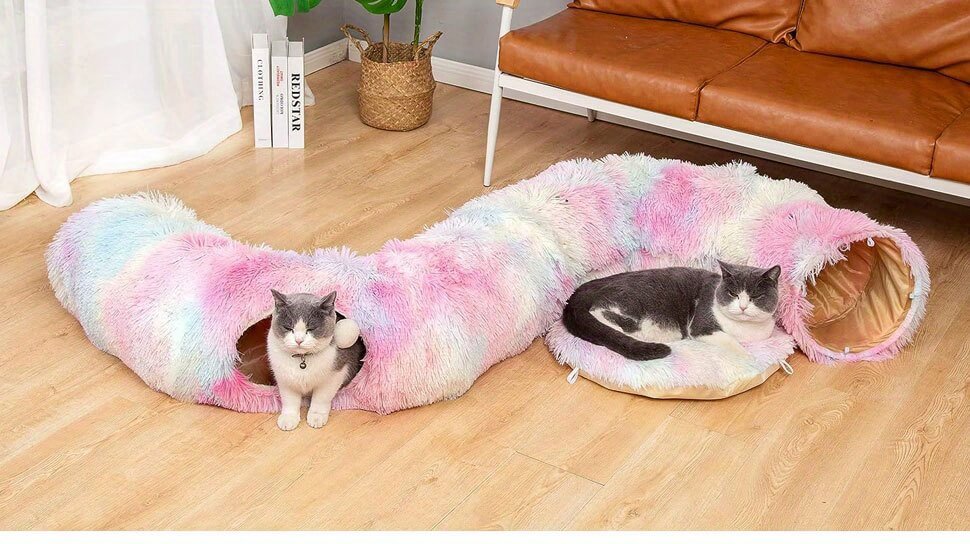 Two cats inside a colorful tunnel-shaped pet bed on a wooden floor.
