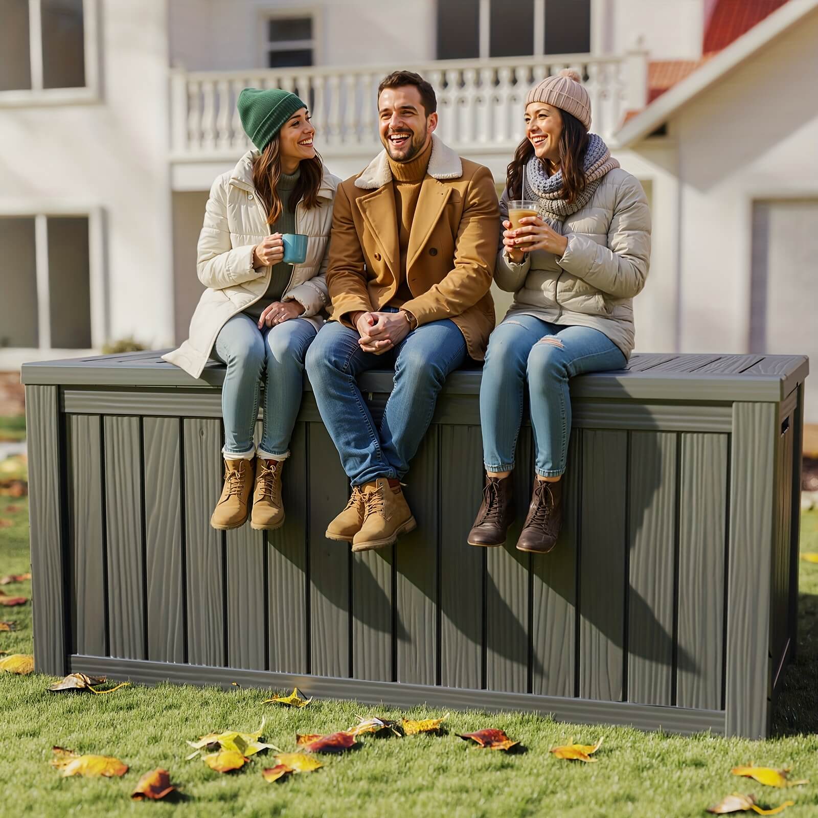 Three people sitting on a large outdoor storage box in a backyard setting.