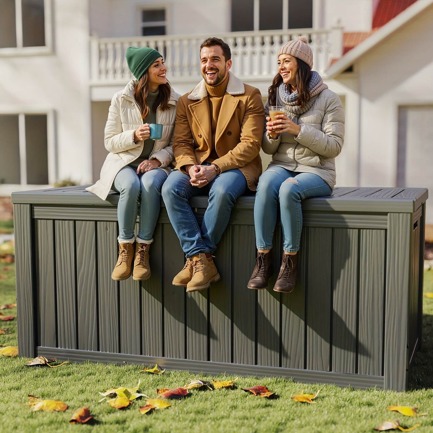 Three people sitting on a large outdoor storage box in a backyard setting.