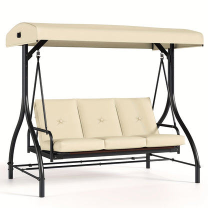 Beige three-seater swing with canopy on a white background