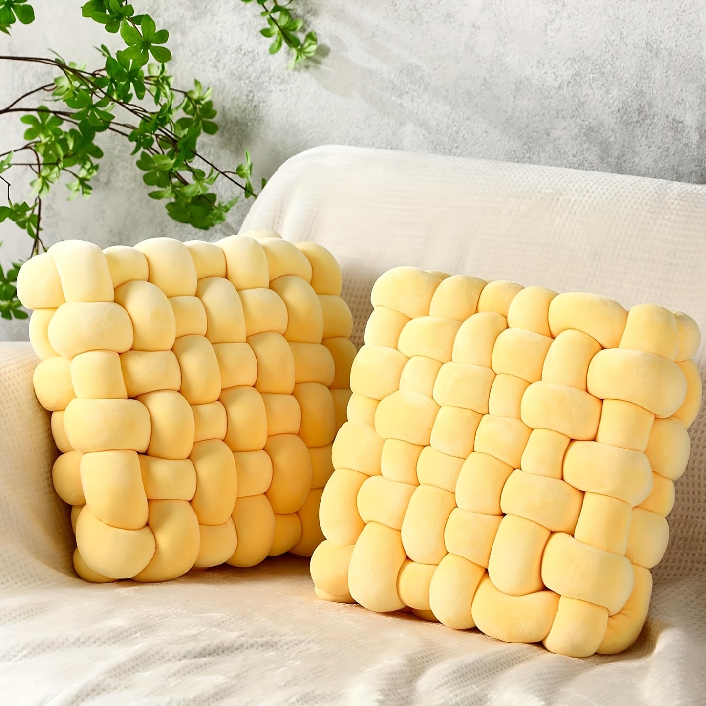 Two knot pillows on a white surface with a plant in the background