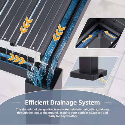 Efficient drainage system with rainwater flowing and arrows indicating direction on a roof.