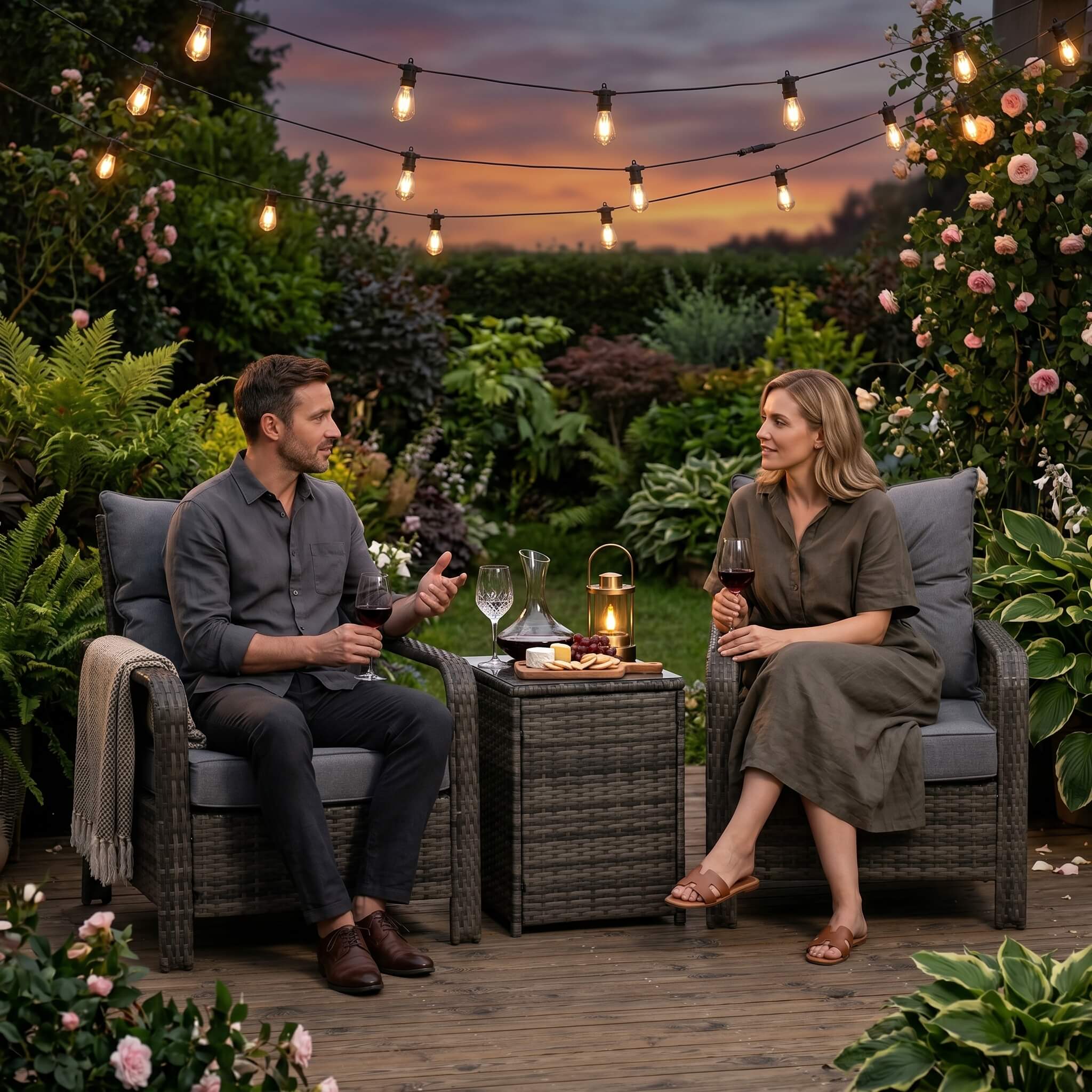 Man and woman sitting on outdoor furniture enjoying wine in a garden setting with string lights.