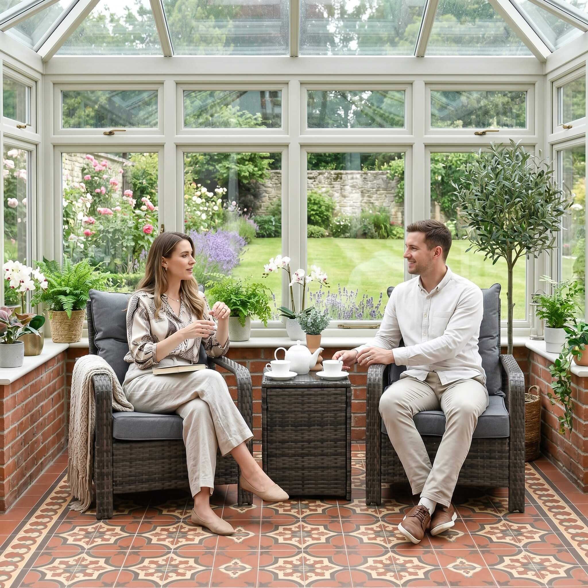 Man and woman sitting on outdoor furniture enjoying tea in a light house.
