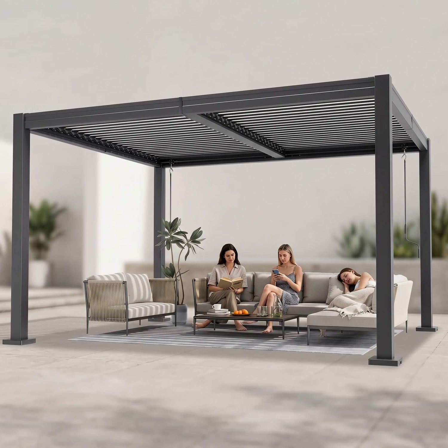 People relaxing under a modern pergola on a patio