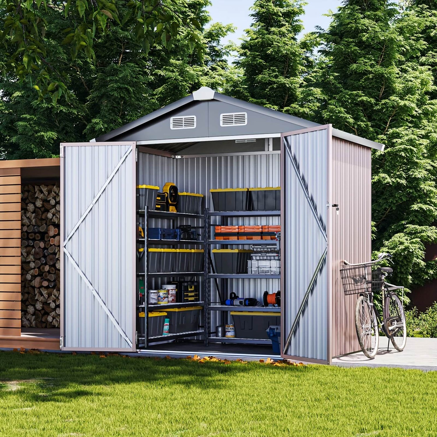 Storage shed with open doors showing organized storage, surrounded by trees and a bicycle.