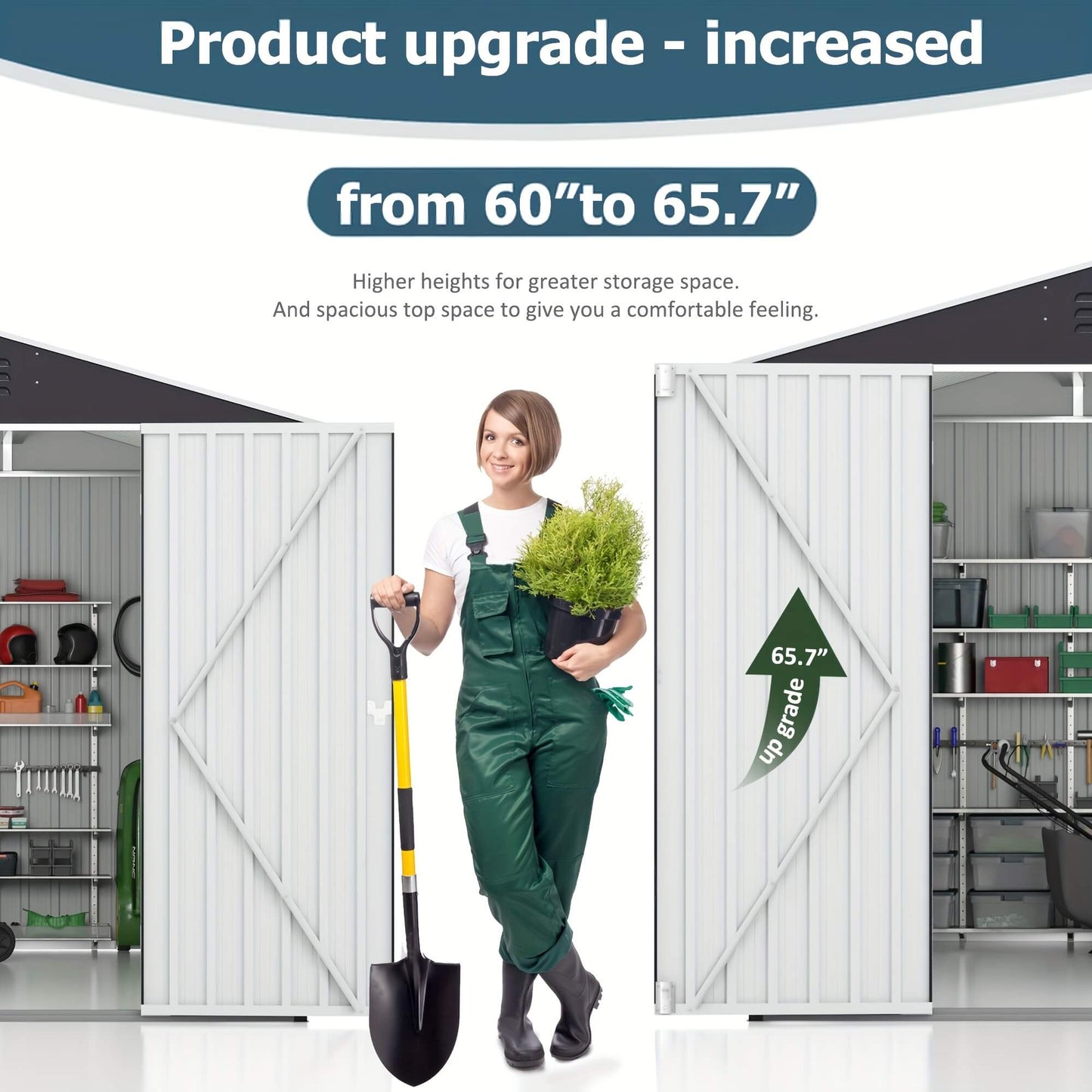 Person in green overalls holding a plant and shovel in front of a storage shed with text about product upgrade.
