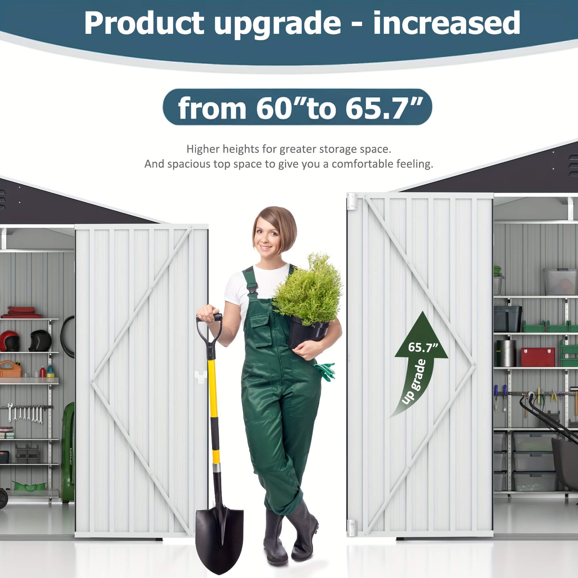 Person in green overalls holding a plant and shovel in front of a storage shed with text about product upgrade.