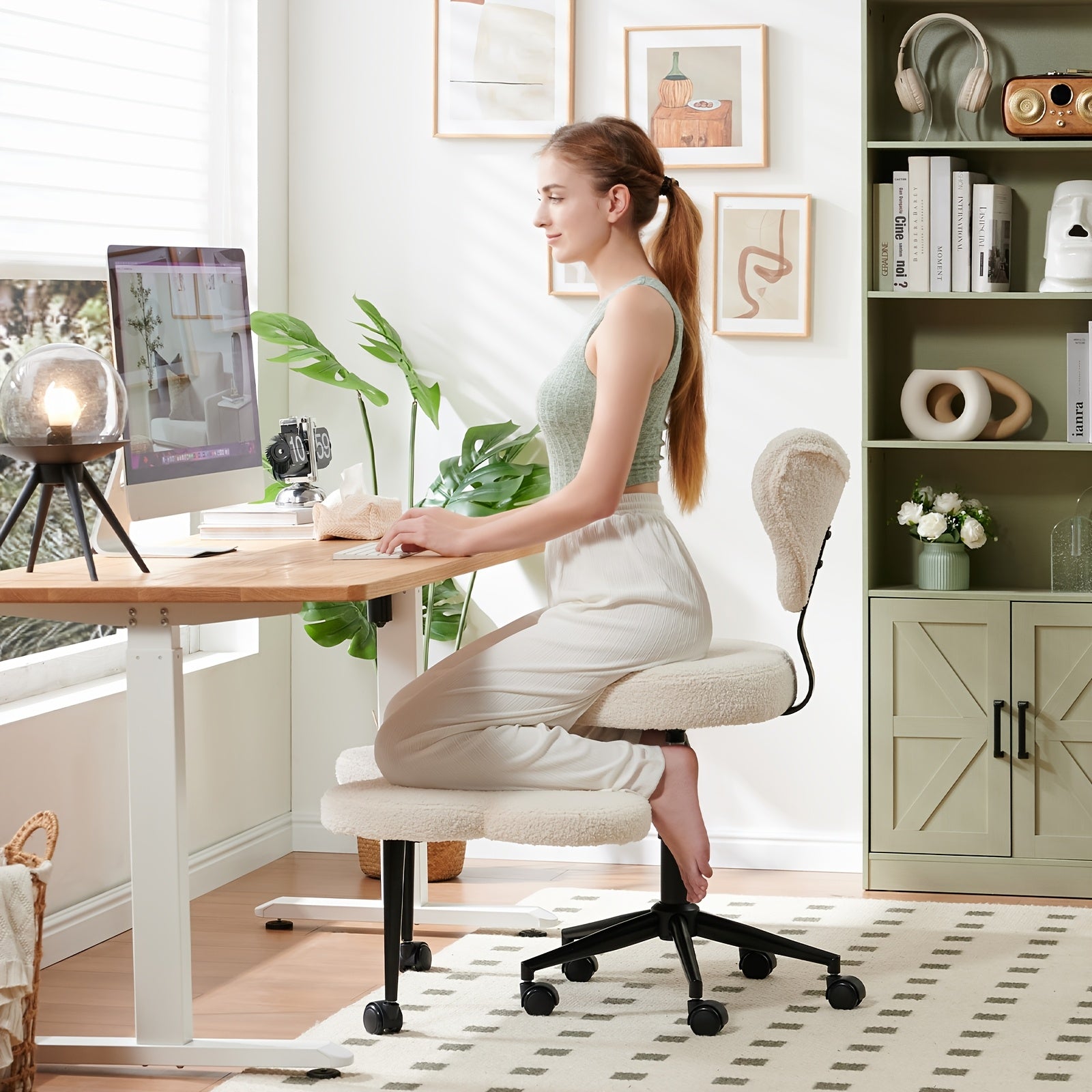 Woman sitting on a kneeling chair at a desk in a home office setting.