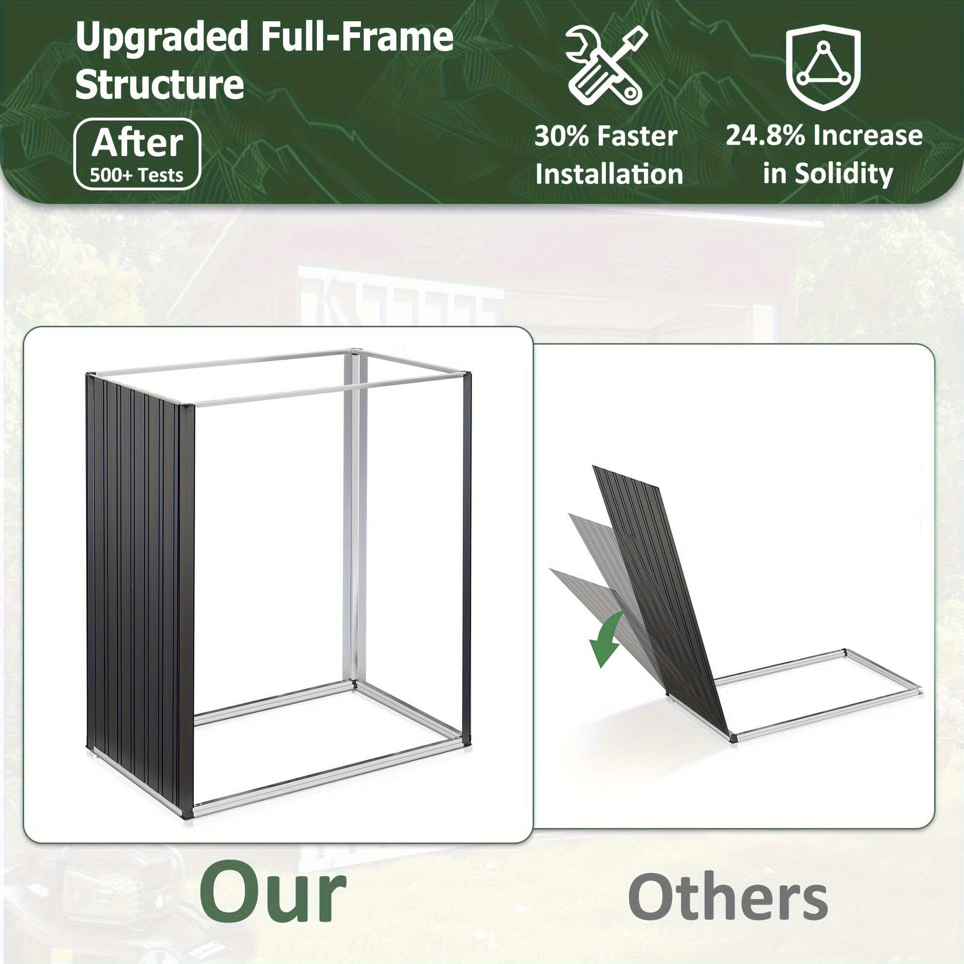 Comparison of upgraded full-frame structure with text highlighting features and improvements.