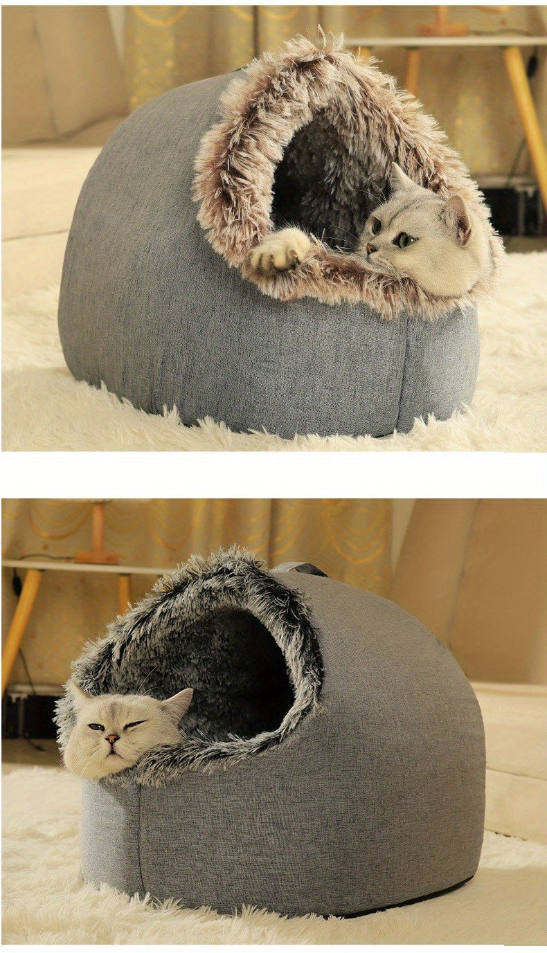 Gray cat cave bed with fluffy interior, showing a cat inside on a light-colored floor.