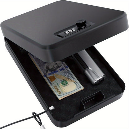 Hand gun safe with a dollar bill inside on a white background
