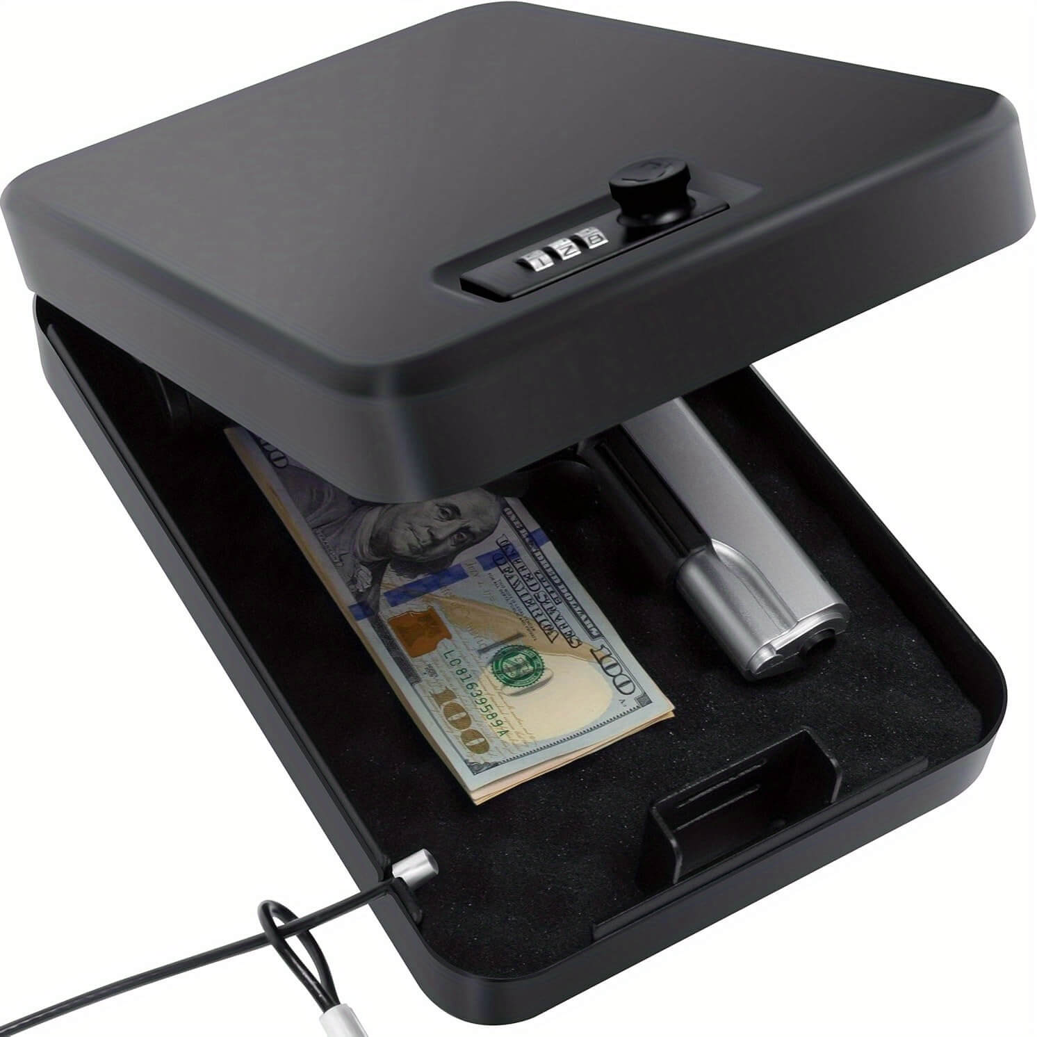Hand gun safe with a dollar bill inside on a white background