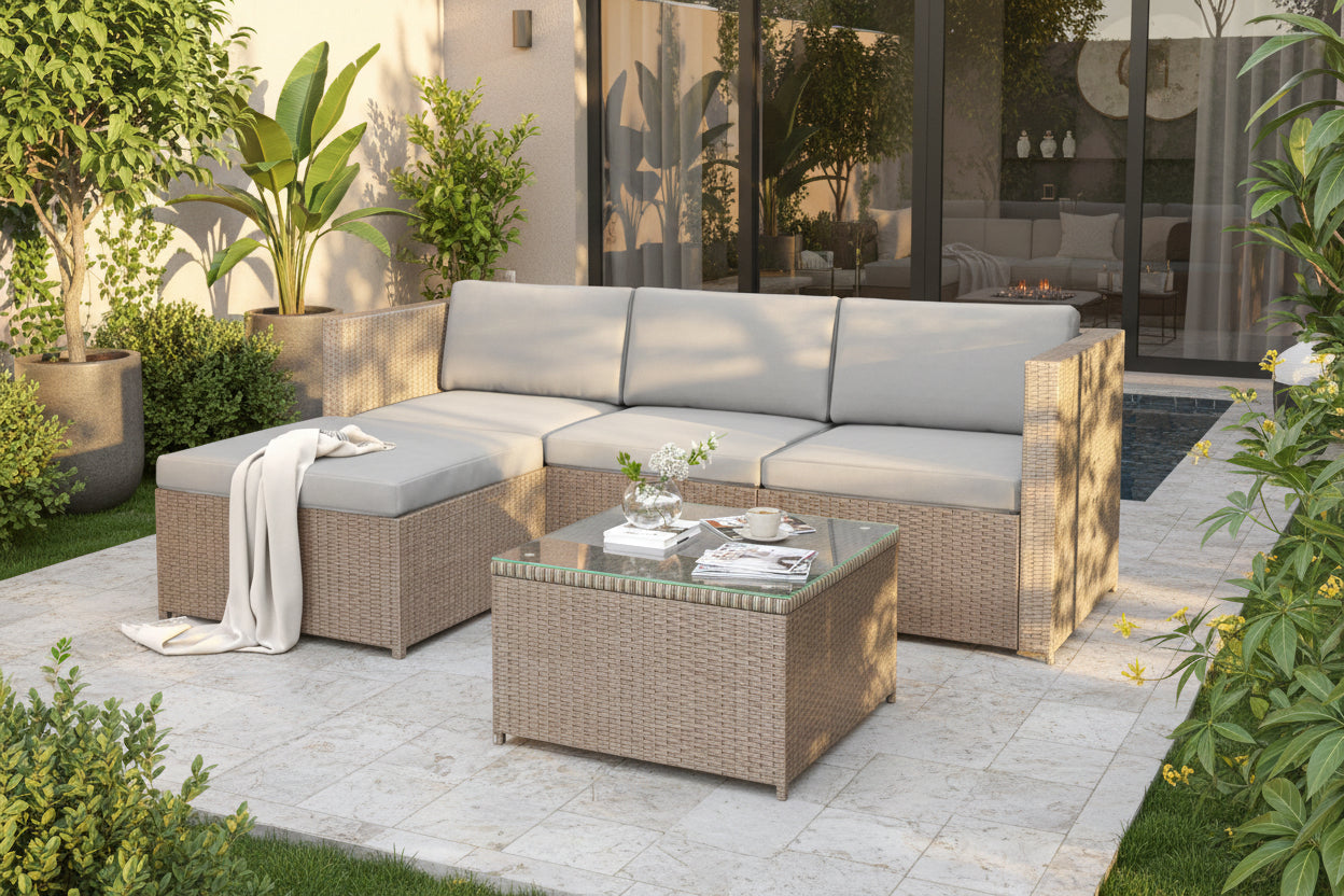 Outdoor furniture set with a sectional sofa and coffee table on a white background