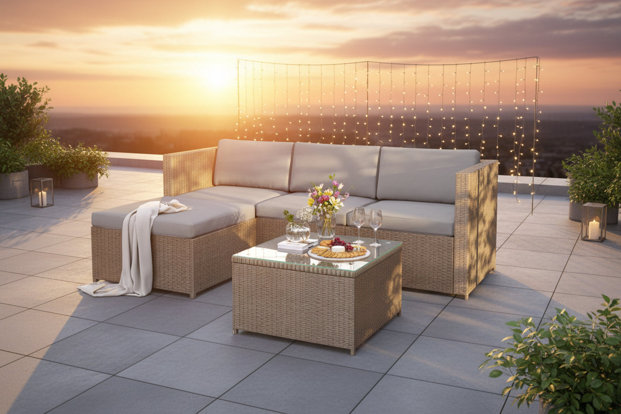 Outdoor furniture set with a sectional sofa and coffee table on a white background